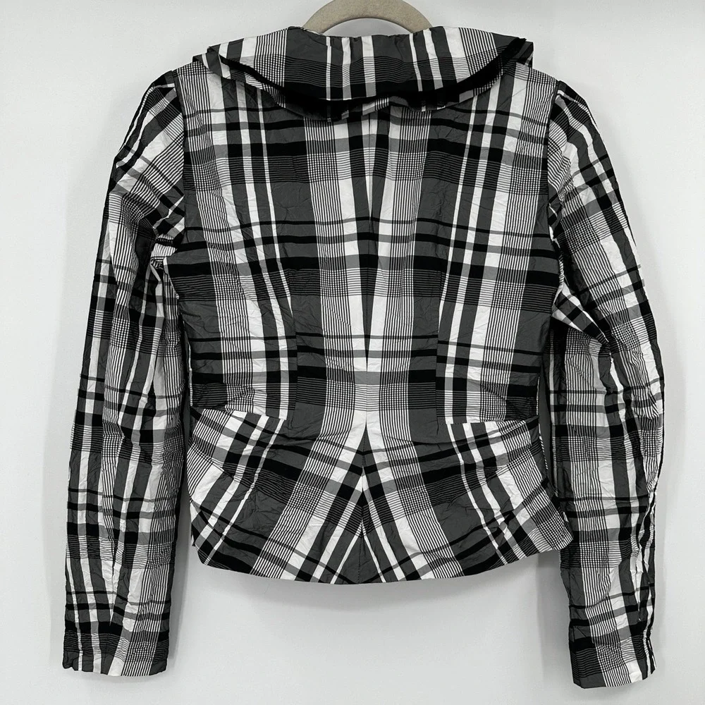 Alberto Makali Women's‎ Size 2 Black White Plaid Ruffle Blazer Jacket Snap Front